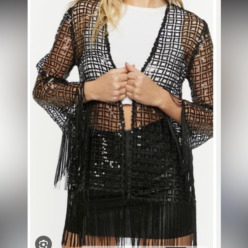 Black Sequin Kimono Top w/ Fringe M NWOT